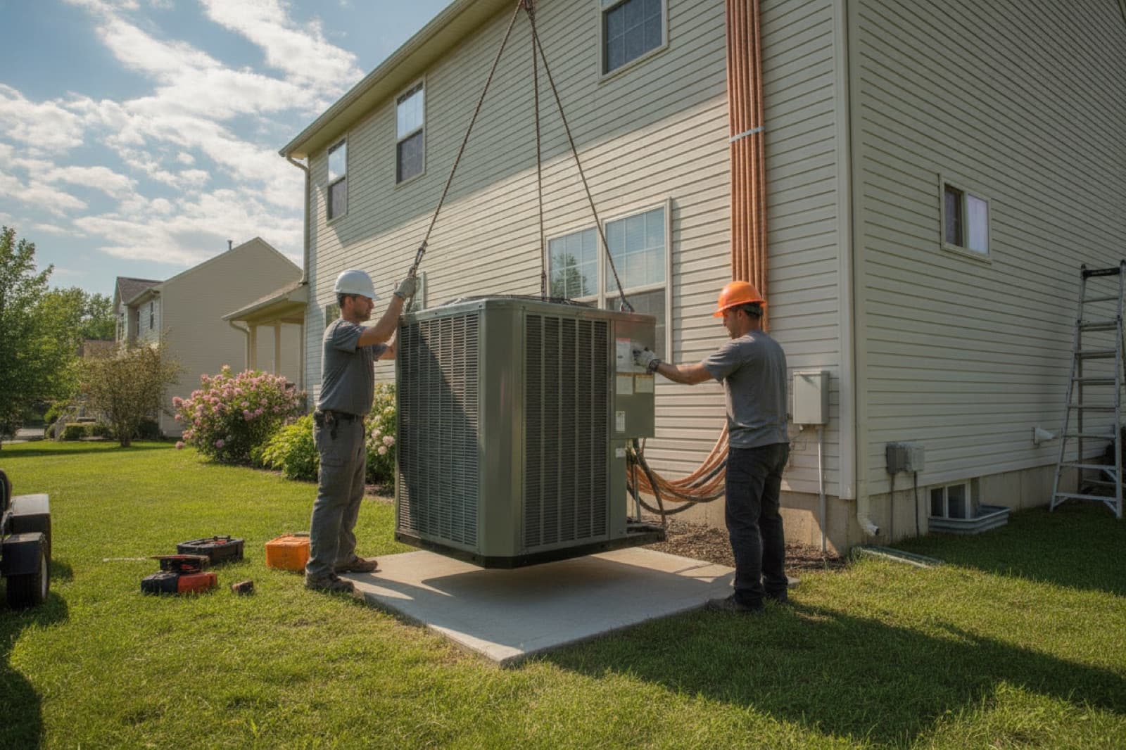 Two HVAC technicians setting a new outdoor condenser on its pad