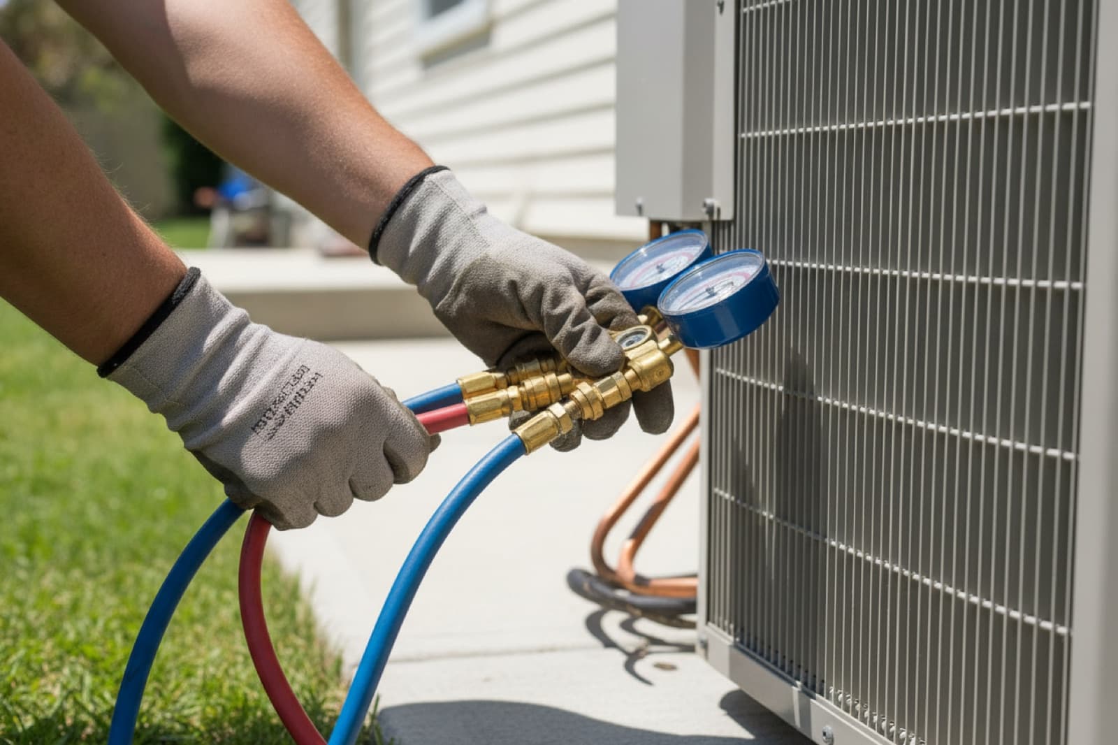 Technician connecting refrigerant gauges to an outdoor air conditioner