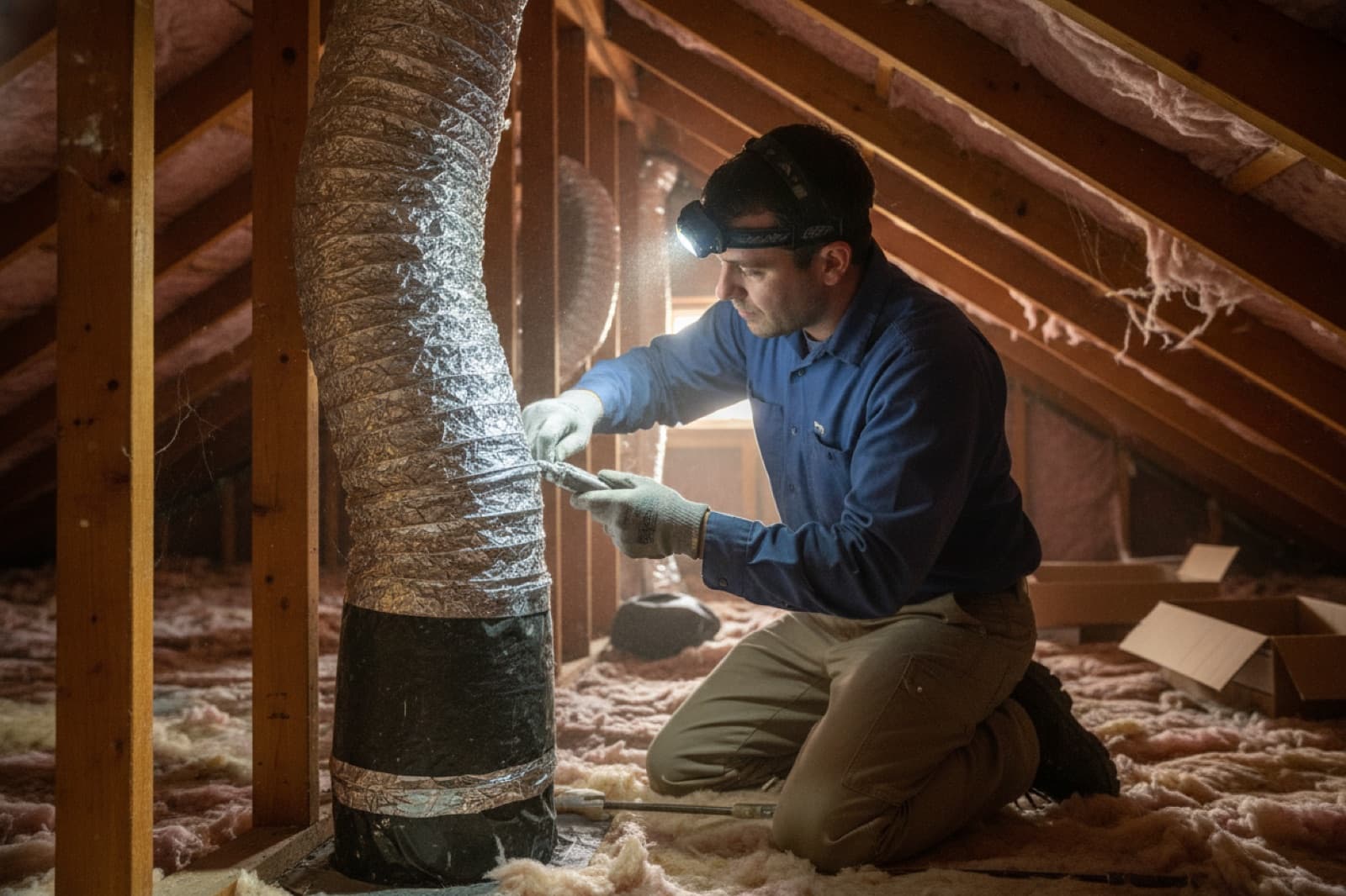 HVAC technician inspecting air ducts in a home attic