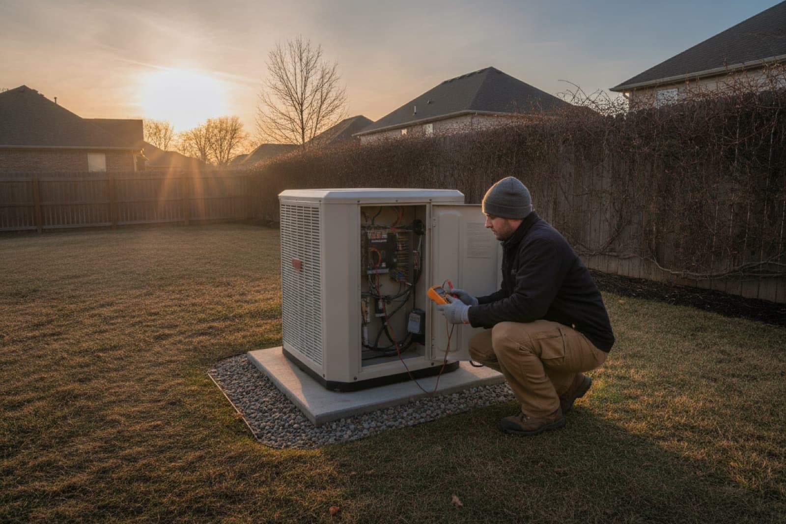 HVAC technician testing an outdoor heat pump on a winter morning