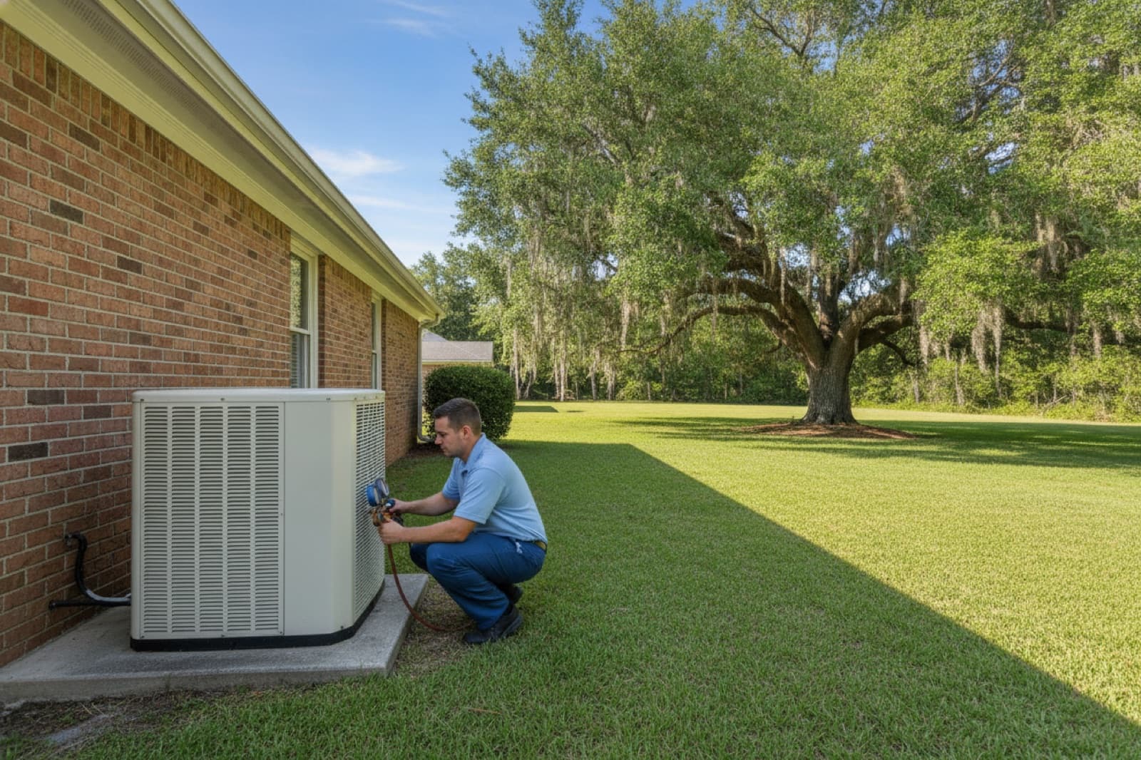HVAC technician checking an outdoor air conditioner beside a brick home