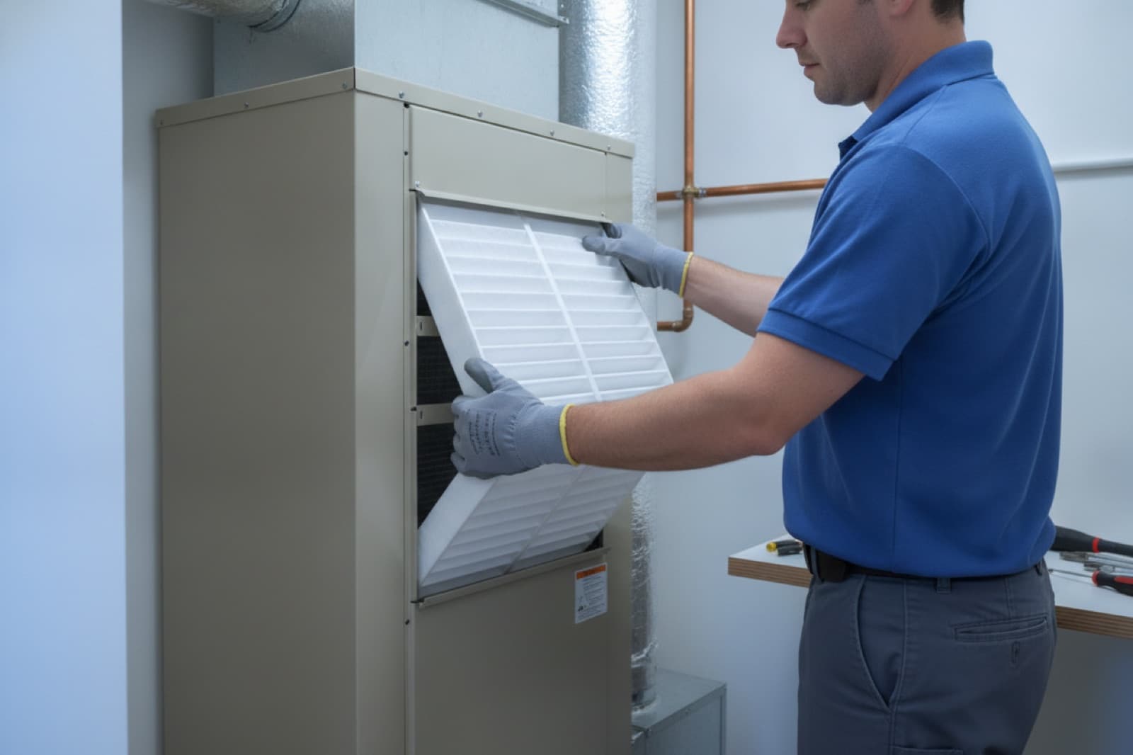 HVAC technician replacing the air filter in an indoor air handler