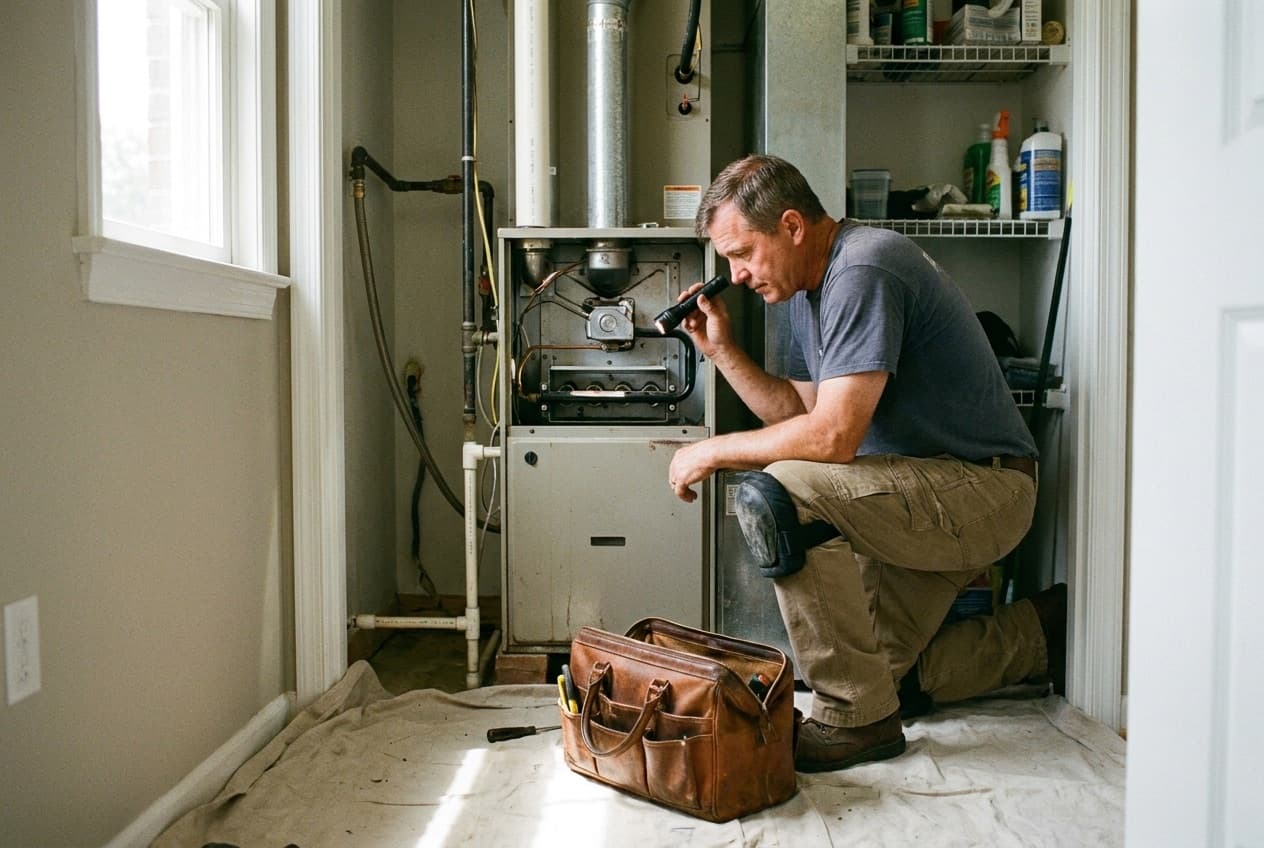 HVAC technician inspecting the burners of an open gas furnace